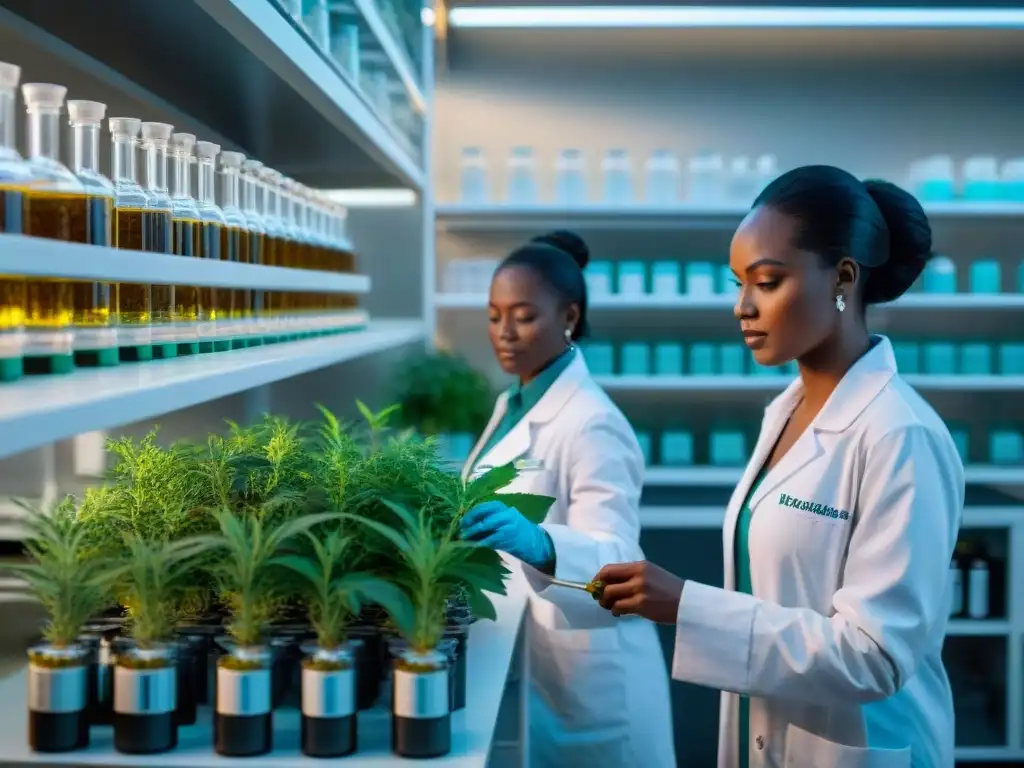 Investigadores en bata blanca extraen compuestos de plantas medicinales africanas en laboratorio farmacéutico moderno