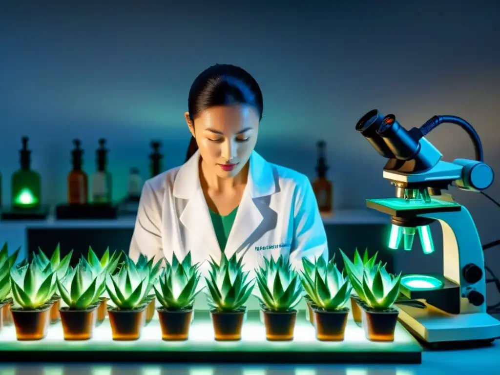 Investigadores analizan gel de aloe vera bajo microscopios en laboratorio científico