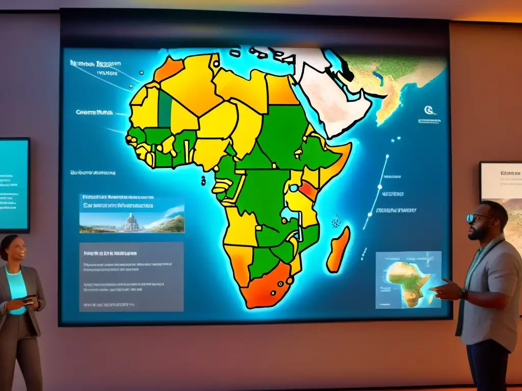 Investigadores y historiadores discuten animadamente frente a un innovador mapa digital de África