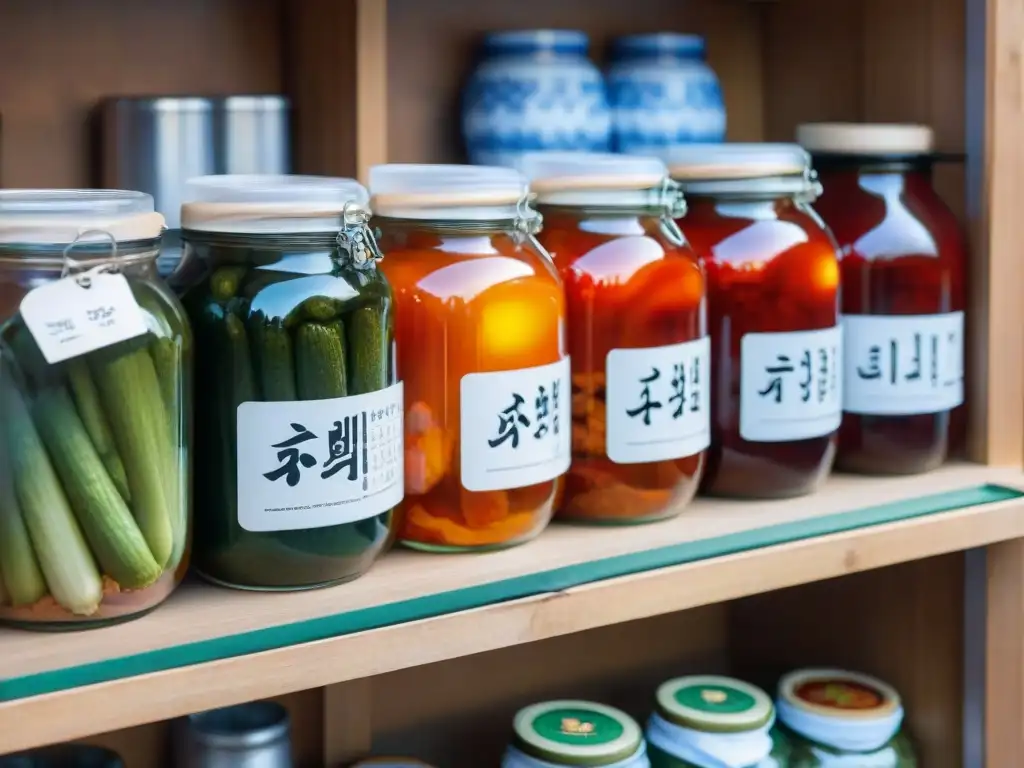 Jars de kimchi coloridos y vibrantes en mercado tradicional surcoreano