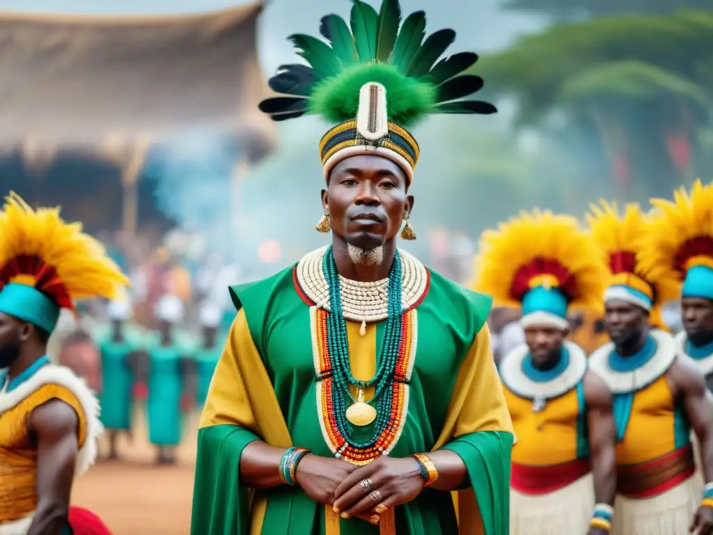 Un jefe africano en atuendo ceremonial ante una vibrante procesión de danzantes y músicos