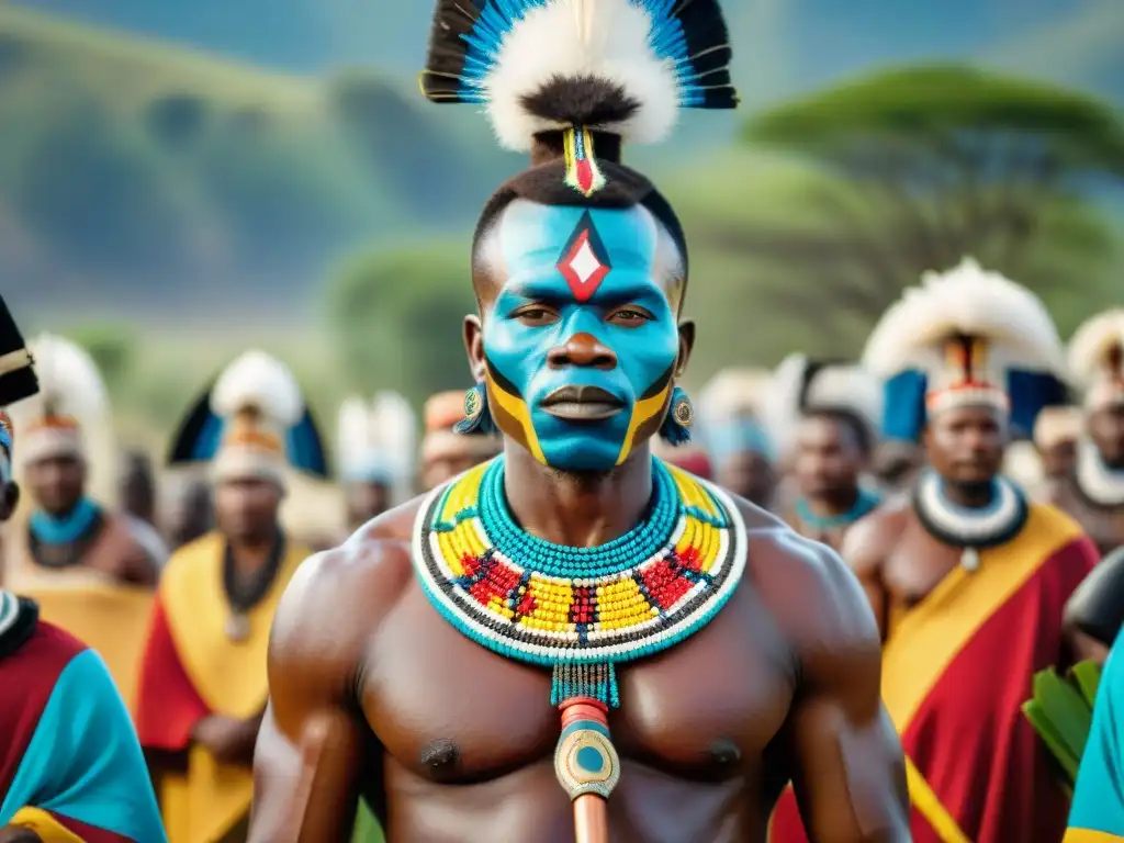 Un jefe Zulú orgulloso, con atuendo de cuentas coloridas y lanza ceremonial, lidera a su tribu en una aldea rural