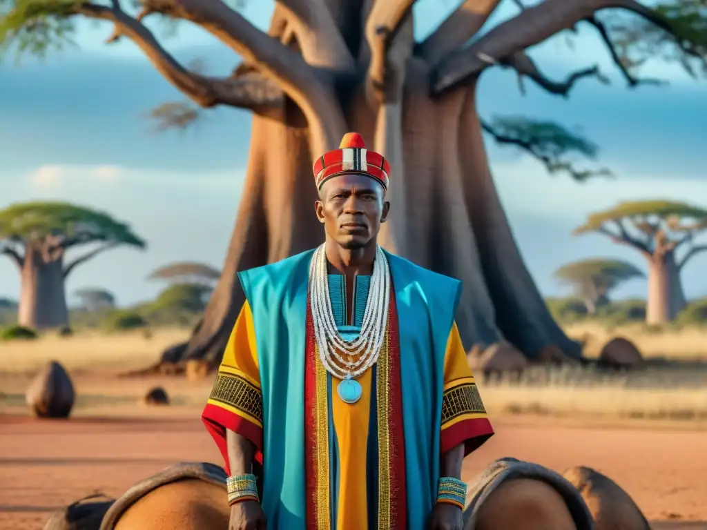 Un jefe tribal africano en su trono bajo un baobab, rodeado de ancianos en coloridos atuendos