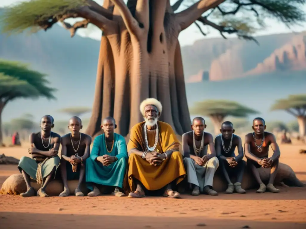 Jefe tribal africano comparte sabiduría espiritual bajo baobab con comunidad diversa en África