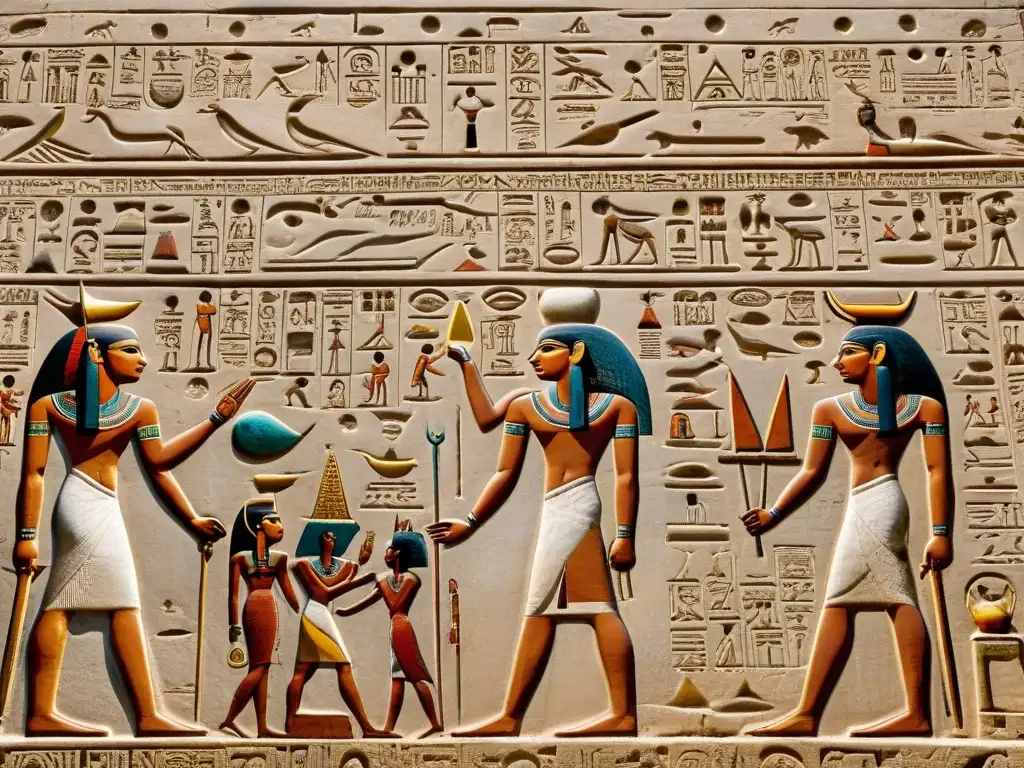 Jeroglíficos antiguos de los reinos africanos tallados en piedra con intrincados detalles y escenas históricas