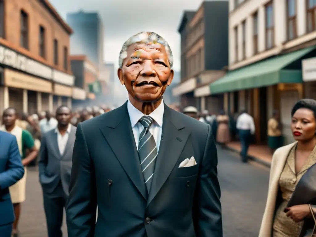 Joven Nelson Mandela en 1950s, traje y corbata, expresión determinada, escena callejera sudafricana