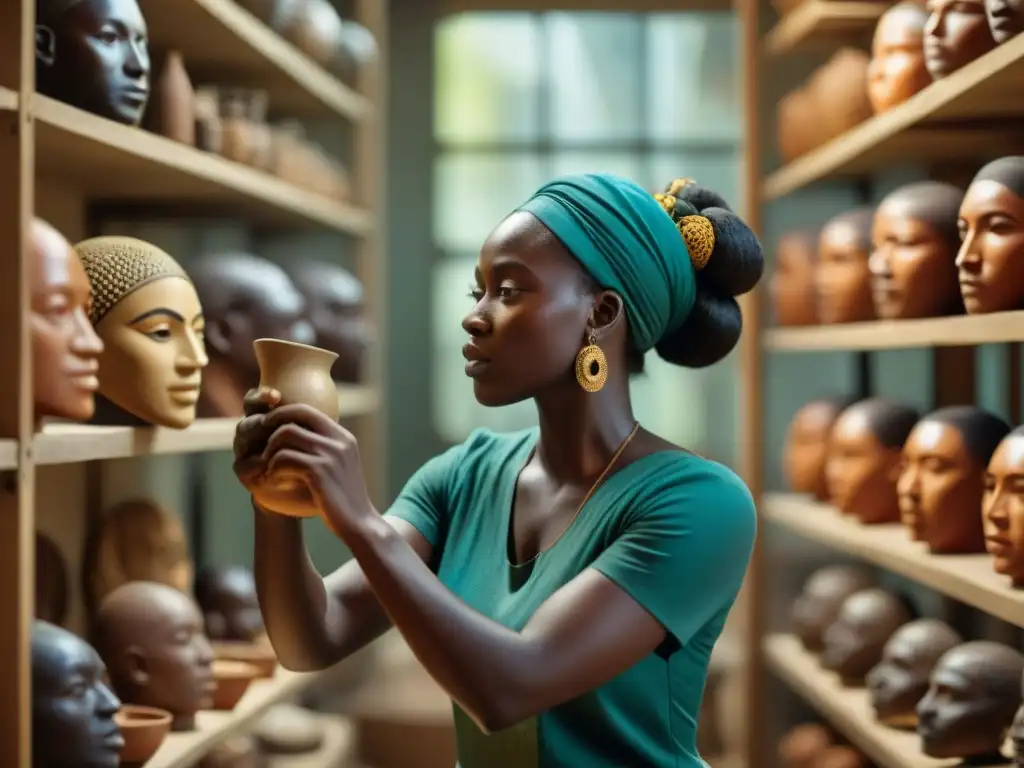 Joven africana preservando un antiguo máscara en un laboratorio de museo iluminado, destacando la preservación del patrimonio cultural africano