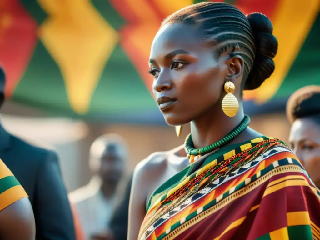 Una joven africana viste un Kente durante un ritual, resaltando los colores que simbolizan su cultura