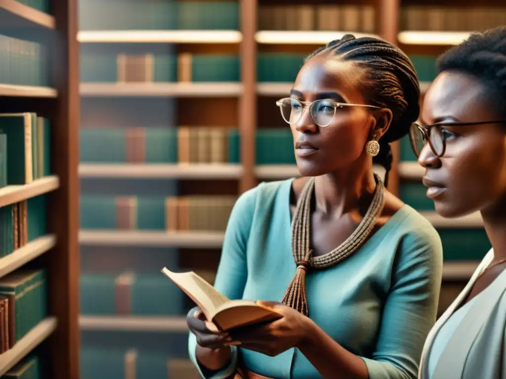 Una joven africana discute apasionadamente sobre libros prohibidos sobre civilizaciones africanas en una biblioteca tenue