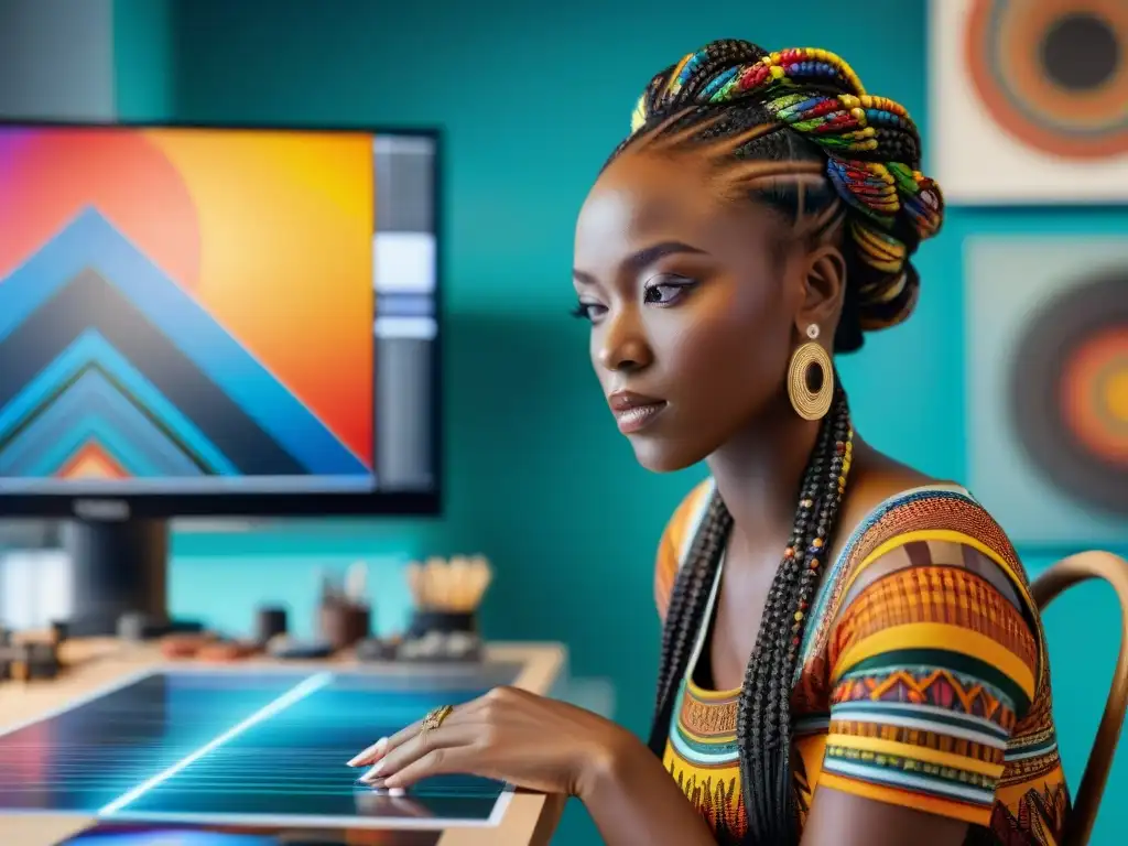 Una joven artista africana crea una obra digital innovadora en su estudio, fusionando técnicas tradicionales con tecnología de vanguardia