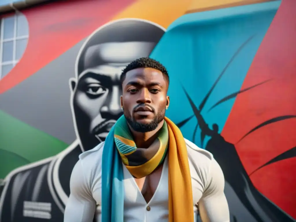 Joven artista africano frente a un mural vibrante, expresando libertad y resistencia con su arte