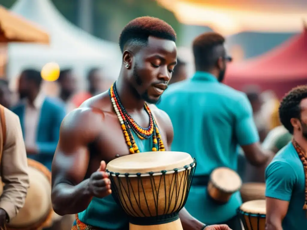 Joven artista africano en mercado tocando djembe, fusionando música tradicional y moderna