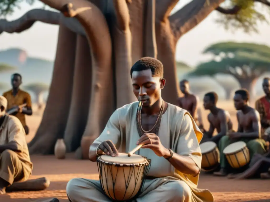 Joven artista africano tocando música tradicional bajo un baobab, rodeado de ancianos en aprobación