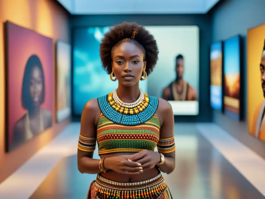 Un joven artista africano explica apasionadamente su obra digital en una exposición, rodeado de displays vibrantes y tecnología