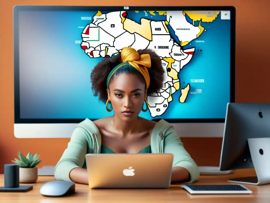 Una joven de ascendencia africana interactúa con la cultura africana en redes sociales, rodeada de tecnología y arte africano