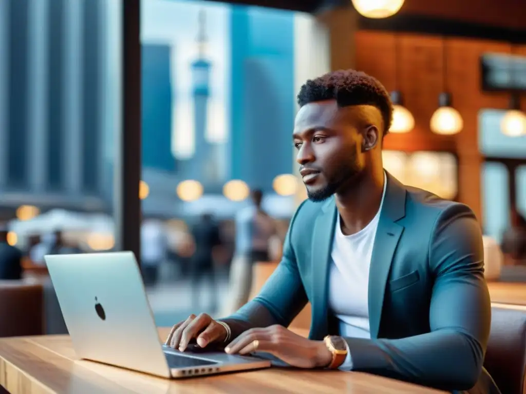 Joven emprendedor africano concentrado en su laptop en una cafetería urbana, reflejando determinación y éxito