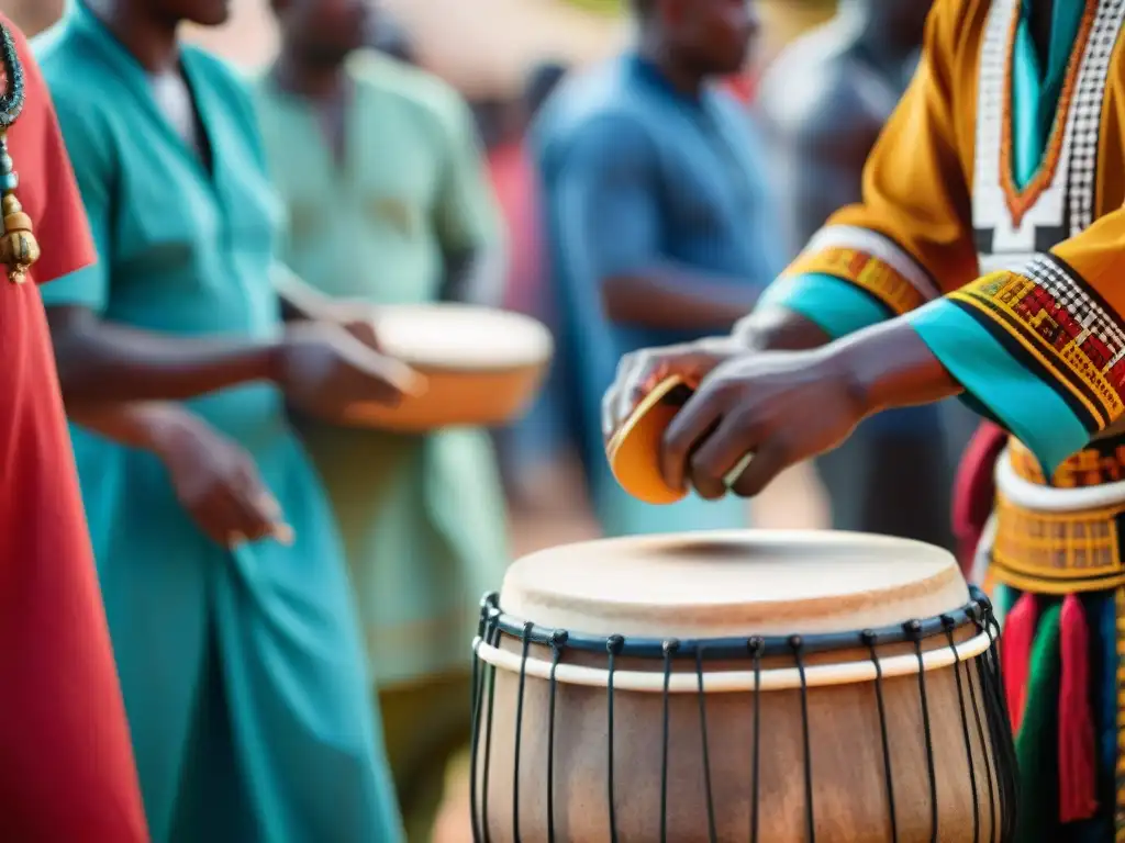 Ritual africano: tambor tallado en vibrante ceremonia Un joven iniciado tocando con destreza un tambor africano durante un vibrante ritual de paso, rodeado de coloridos atuendos tradicionales