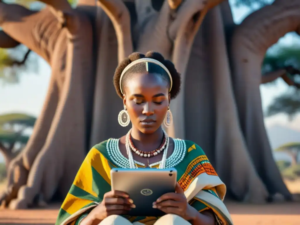 Joven mujer africana bajo baobab, usando apps turismo cultural África digital en tablet, con savana de fondo