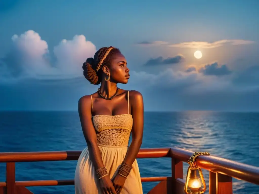 Una joven mujer esclava africana en la cubierta de un barco, mirando al océano bajo la luz de la luna