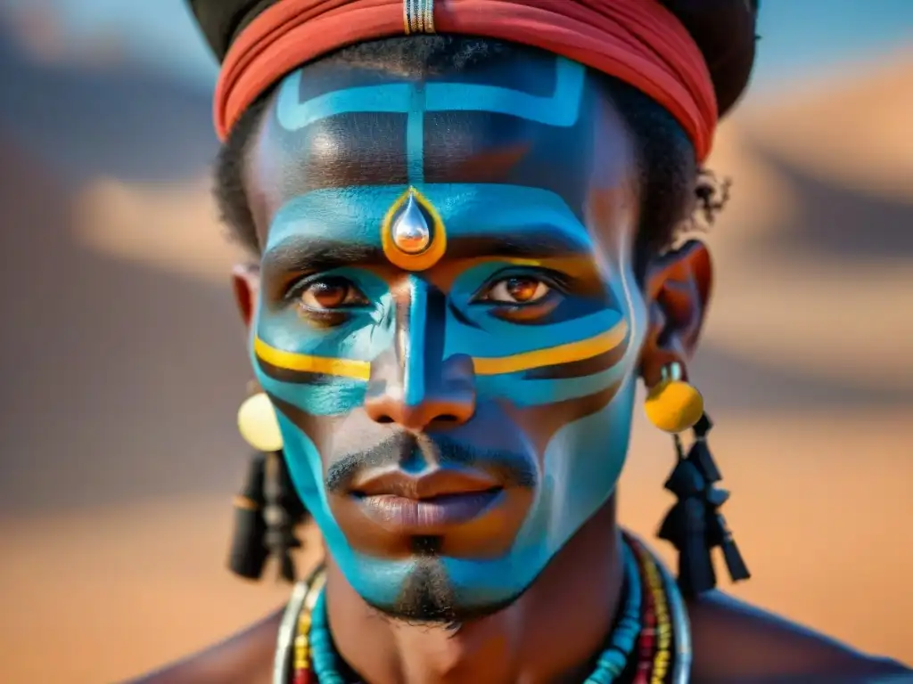 Joven wodaabe con pintura facial y joyas tradicionales, listo para el festival Gerewol en el Sahara