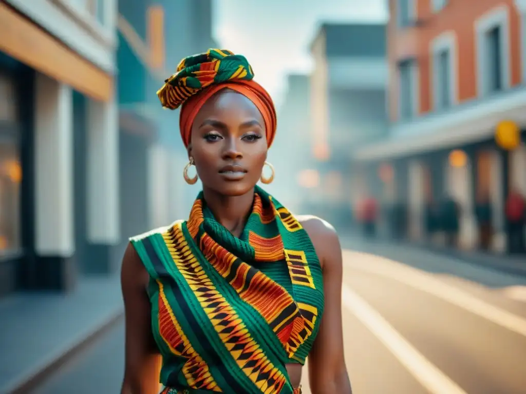 Joven segura con pañuelo de kente africano en ciudad