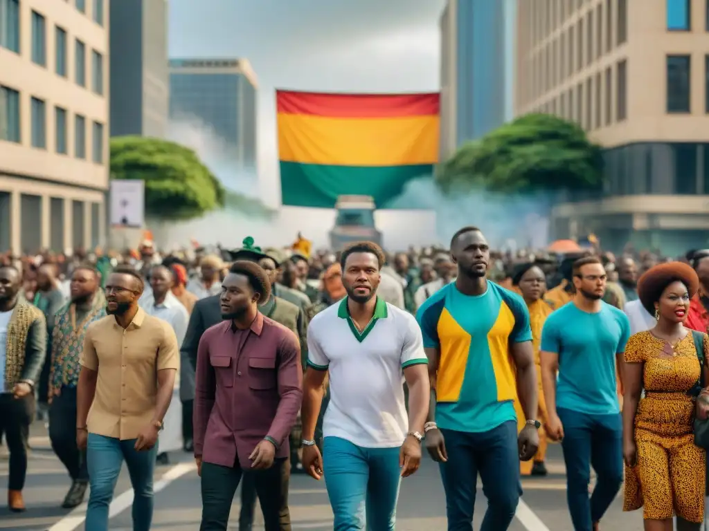 Jóvenes activistas africanos marchan en la ciudad con líderes históricos como Mandela y Malcolm X, fusionando pasado y presente en su lucha