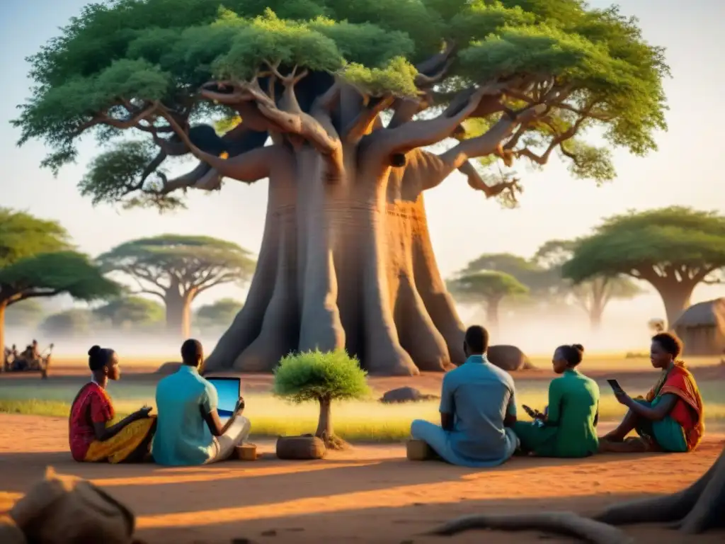 Jóvenes activistas africanos revitalizan culturas en redes sociales bajo baobab en vibrante aldea africana