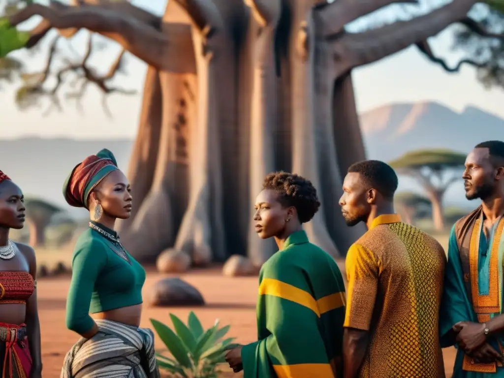 Jóvenes activistas africanos bajo baobab, fusionando tradición y modernidad en su lucha