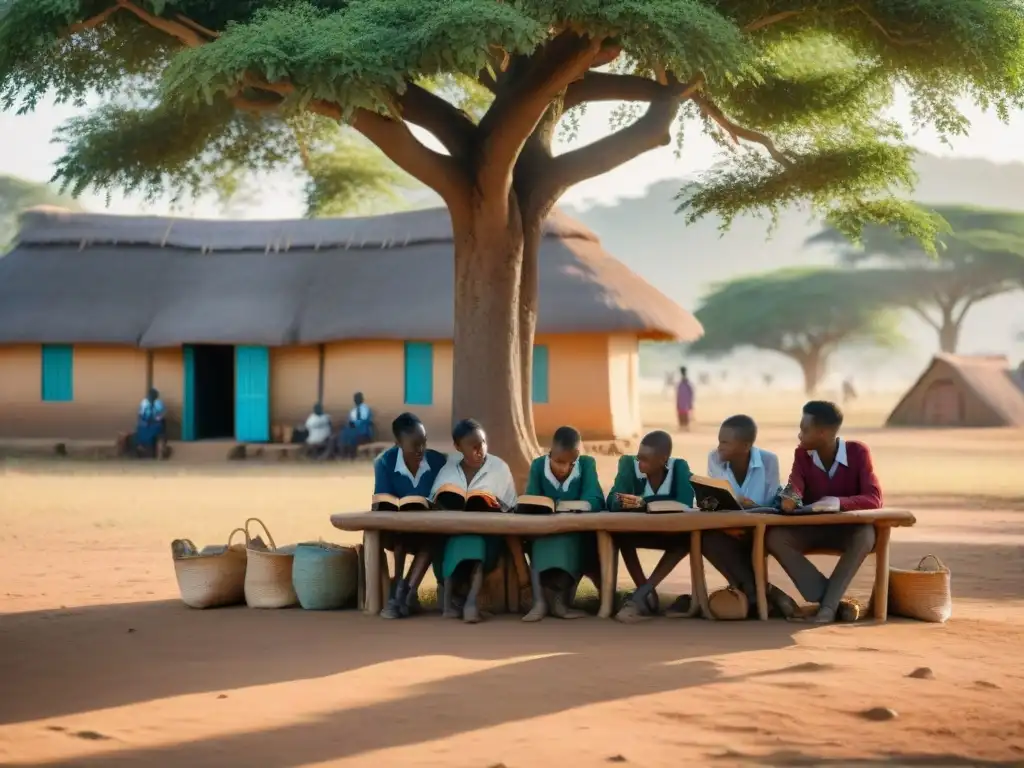 Jóvenes africanos estudian bajo árbol en aldea rural