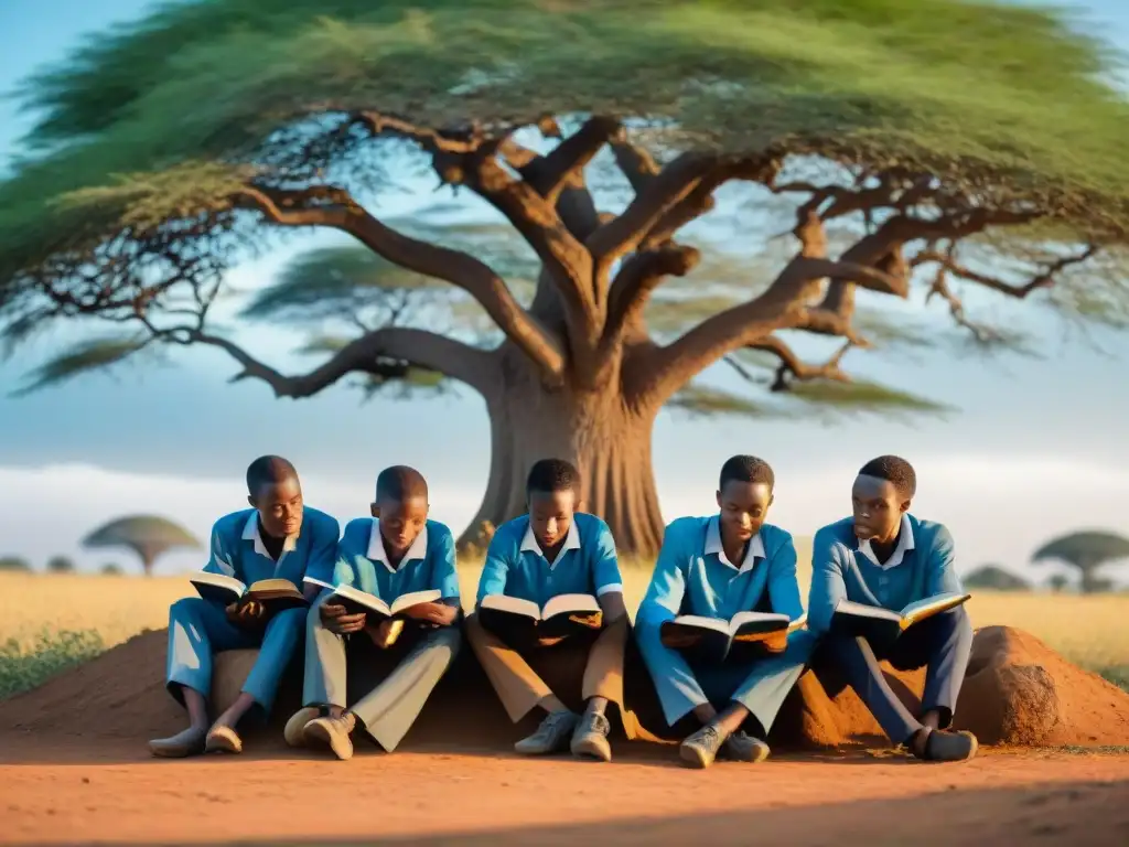 Jóvenes africanos estudian bajo un árbol, reflejando la influencia de atletas africanos en la educación global