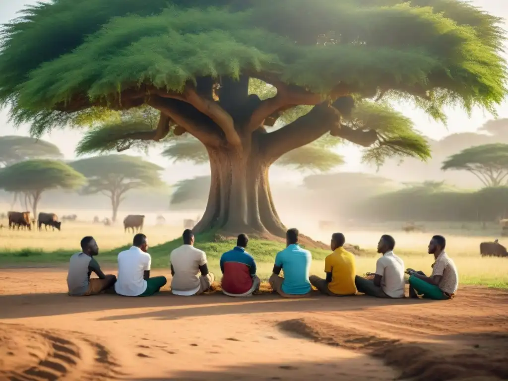 Jóvenes africanos debaten bajo un árbol en la naturaleza, conectando con su identidad africana a través de la educación