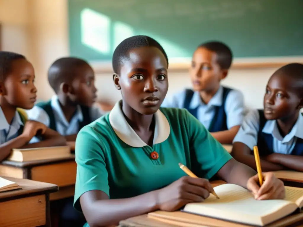 Jóvenes africanos en clase, expresando determinación y curiosidad