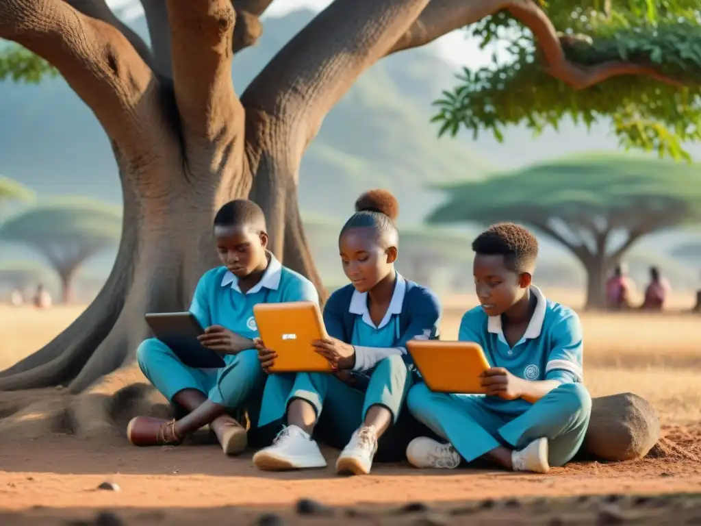 Jóvenes africanos concentrados en educación digital bajo un árbol, con paisaje africano al fondo