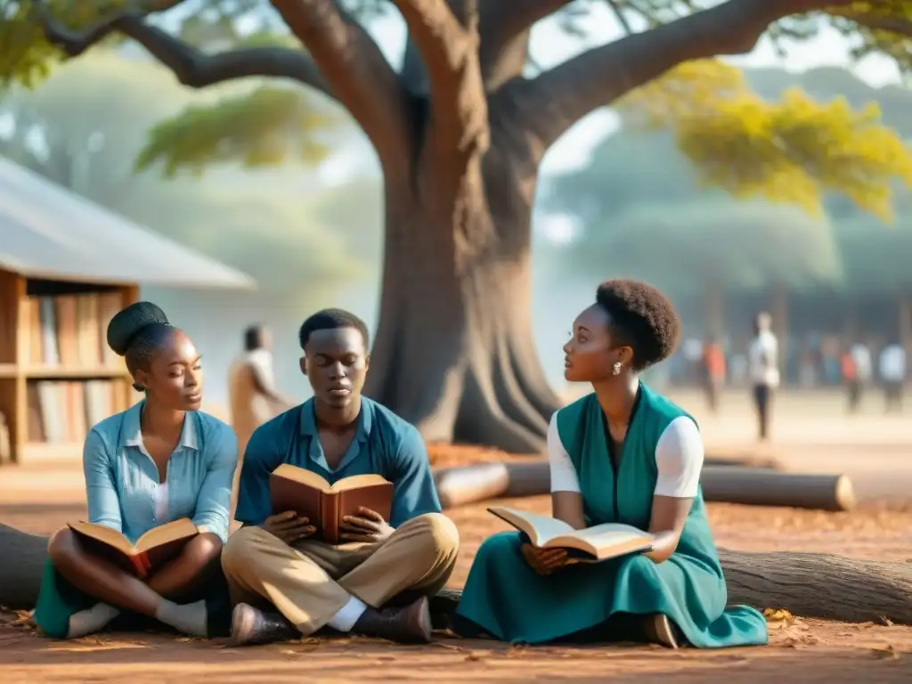 Jóvenes africanos estudian historia ancestral bajo un árbol centenario Jóvenes africanos absorben conocimiento de sus ancestros, rodeados de arte en aula al aire libre