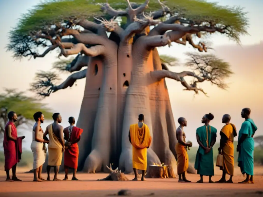 Jóvenes africanos preservan espiritualidad alrededor del Baobab al atardecer