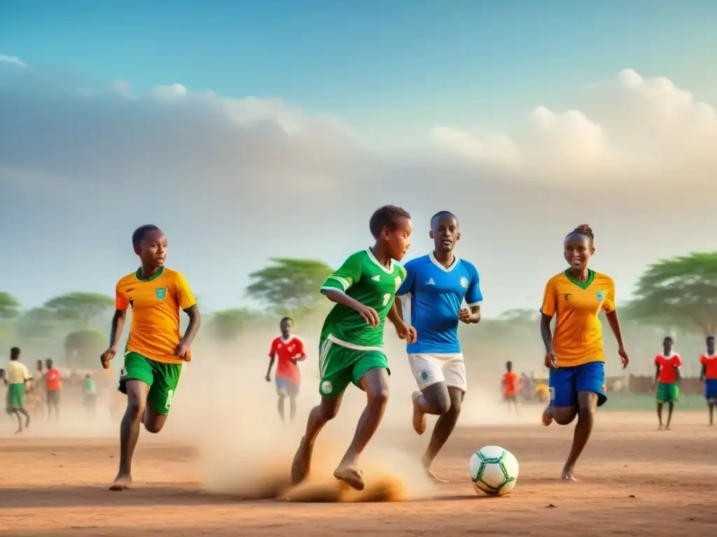 Jóvenes africanos juegan fútbol descalzos en un campo polvoriento