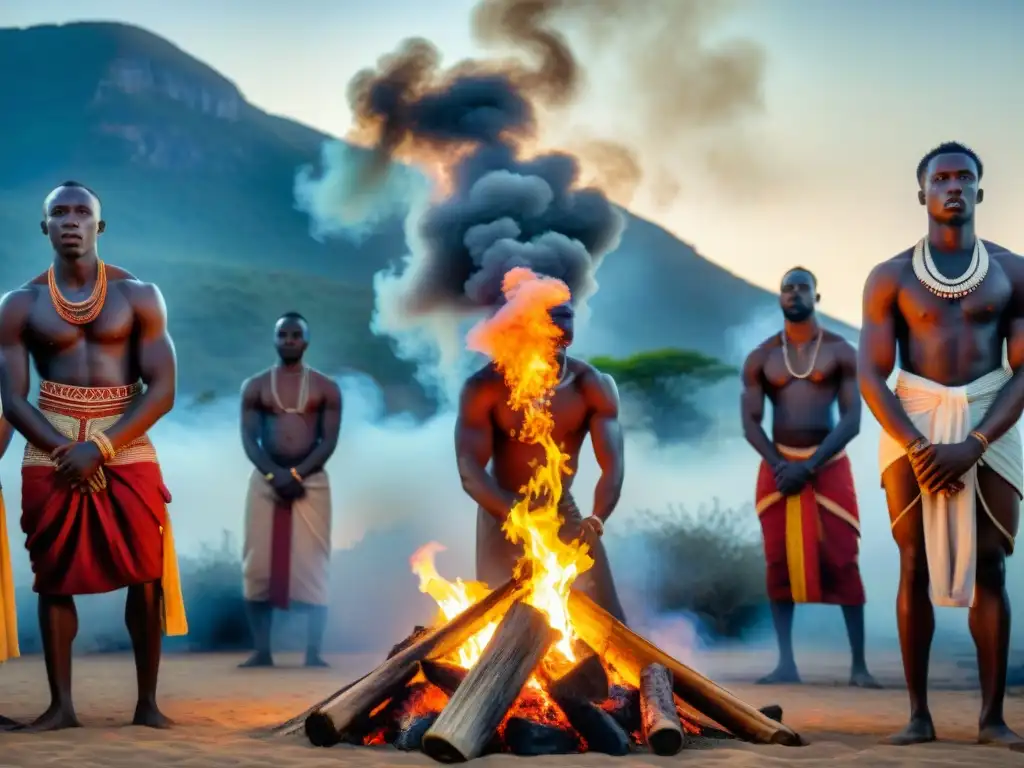 Jóvenes africanos danzando alrededor de una hoguera en un ritual de paso, bajo la luna