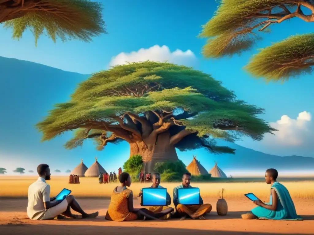 Jóvenes africanos estudian con tablets holográficas bajo un árbol en una aldea rural, fusionando tecnología y tradición