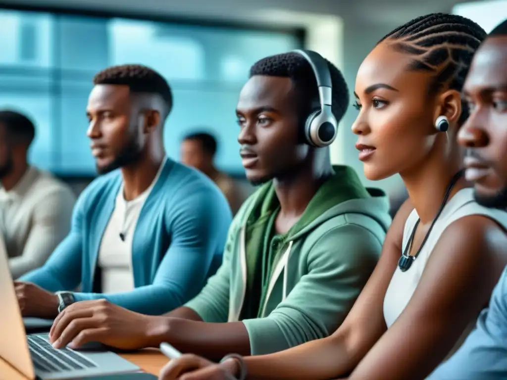 Jóvenes africanos aprenden idiomas africanos con tecnología en aula moderna