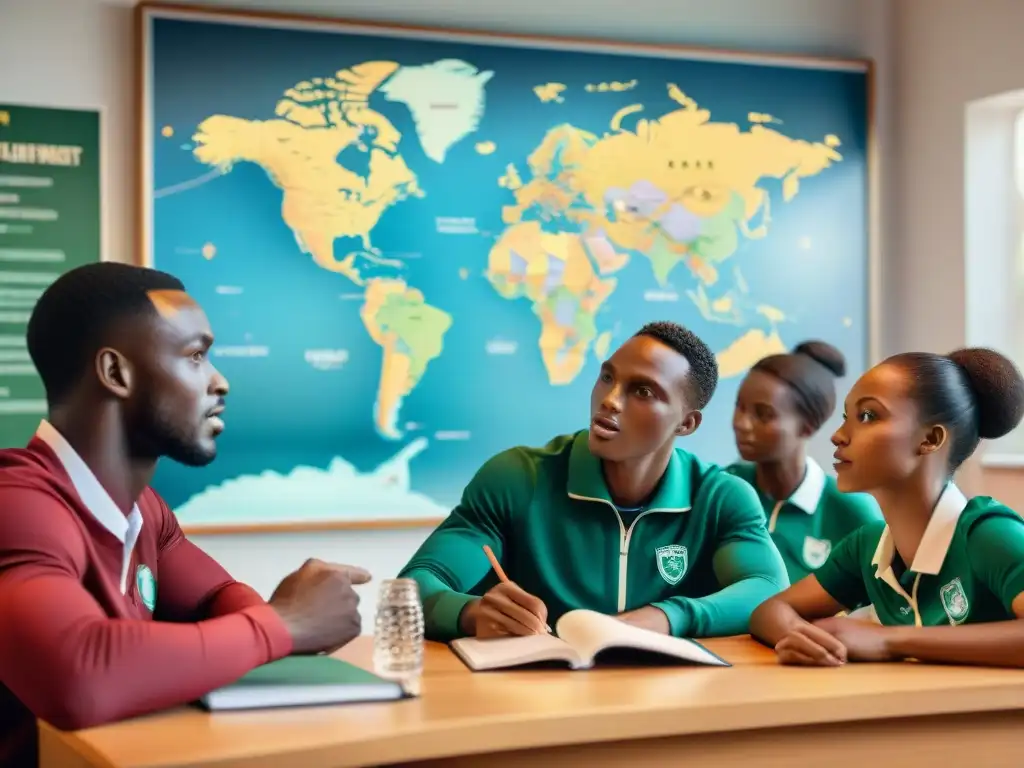 Jóvenes africanos estudian mapamundi con atletas legendarios, inspirando educación global