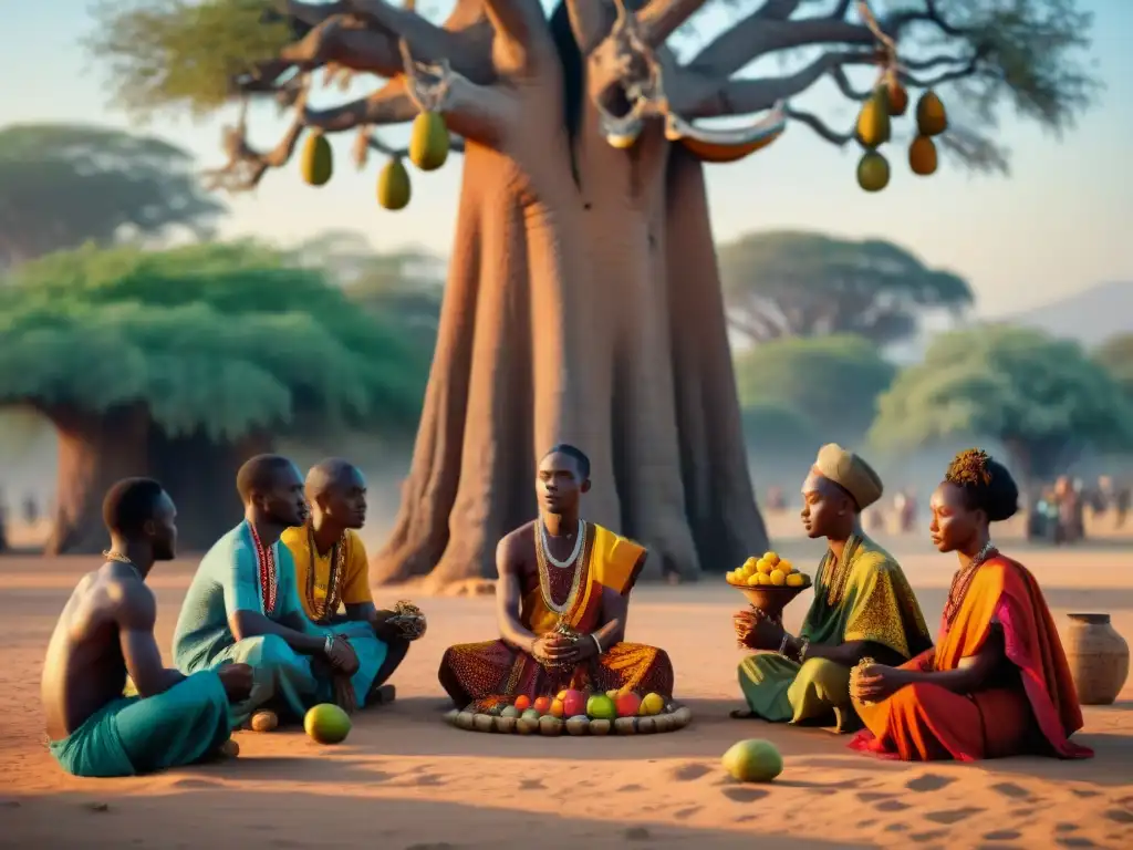 Jóvenes africanos realizan prácticas espirituales africanas adaptadas bajo baobab al atardecer