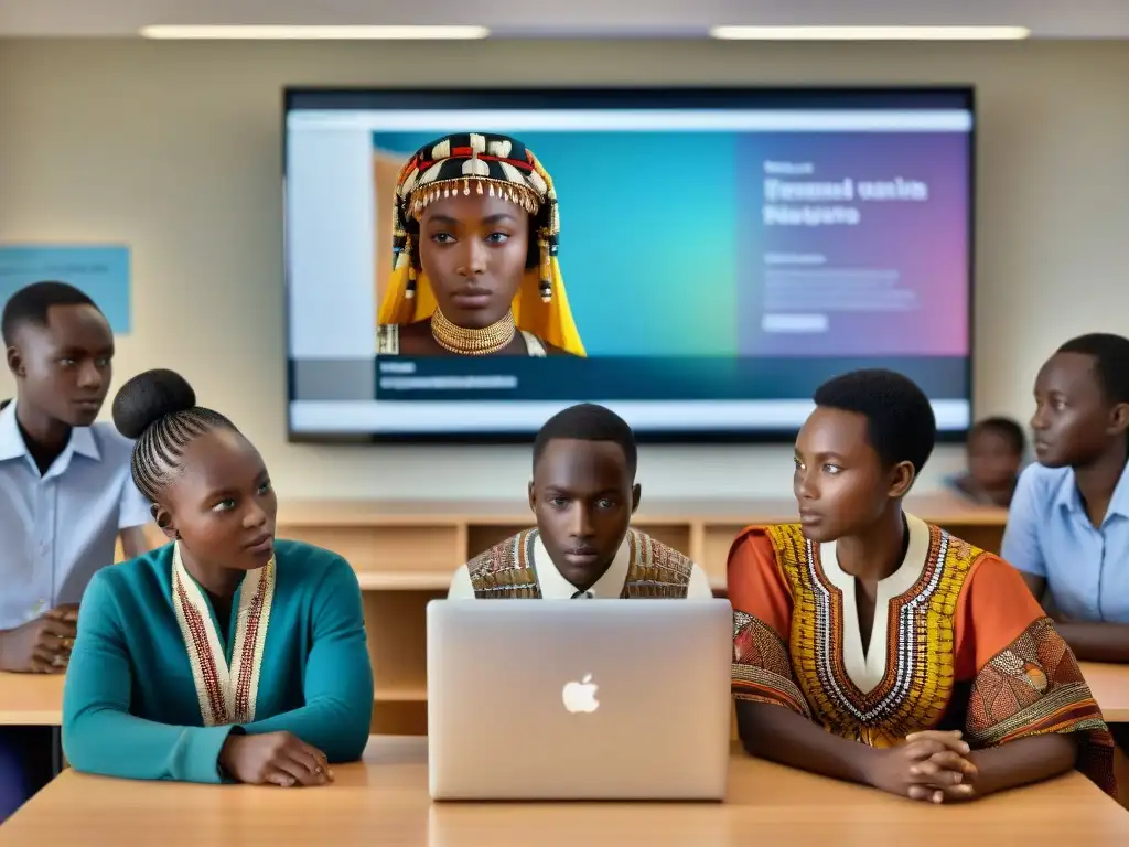 Jóvenes africanos exploran recursos online de historia y cultura África en aula moderna