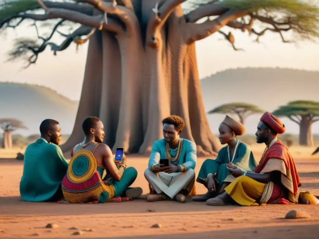 Jóvenes africanos reunidos bajo un baobab, mezclando tradición y tecnología