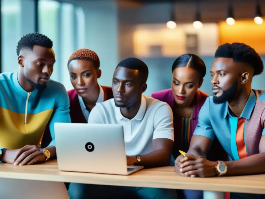 Jóvenes africanos liderando la revolución tecnológica en un espacio de coworking vibrante y colaborativo