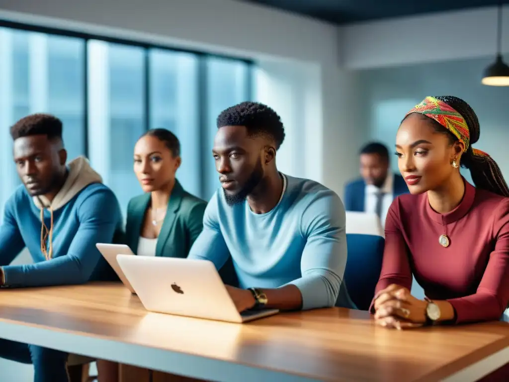 Jóvenes africanos liderando la revolución tecnológica en una oficina moderna llena de innovación y determinación