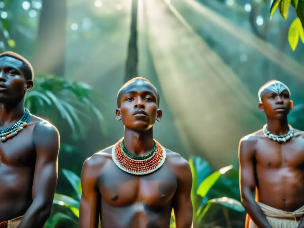 Jóvenes africanos en ritual de paso con ancianos en bosque místico - Rituales de paso salud africana