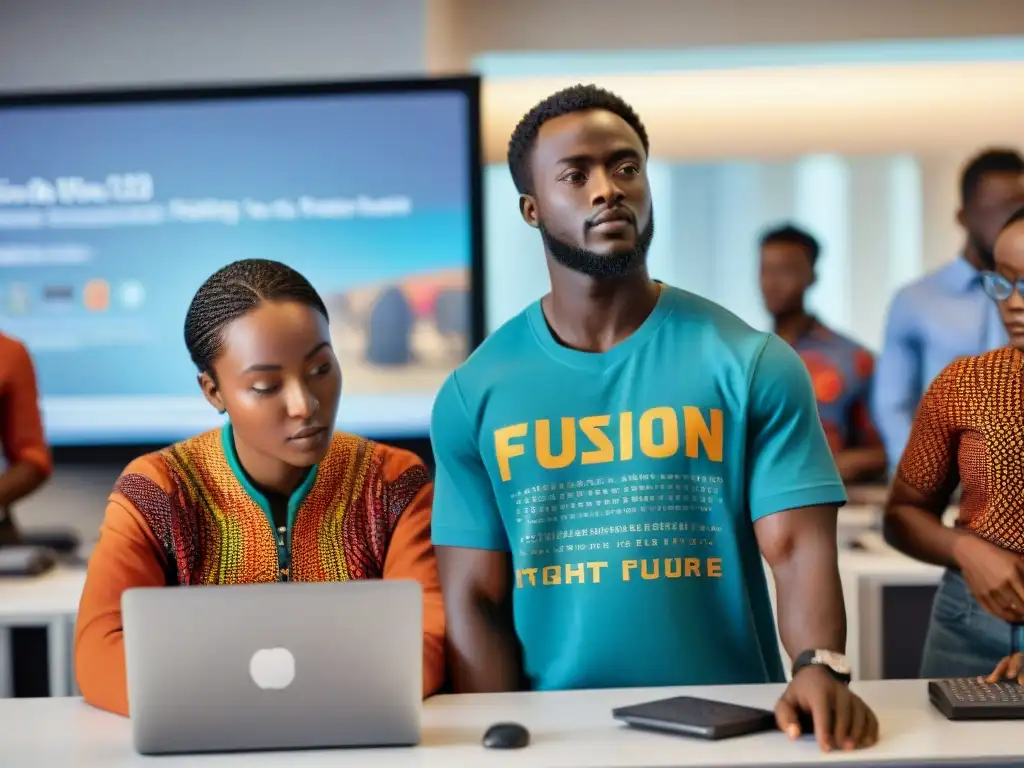 Jóvenes africanos en taller tecnológico, mezclando sabiduría africana con tecnología para un futuro brillante