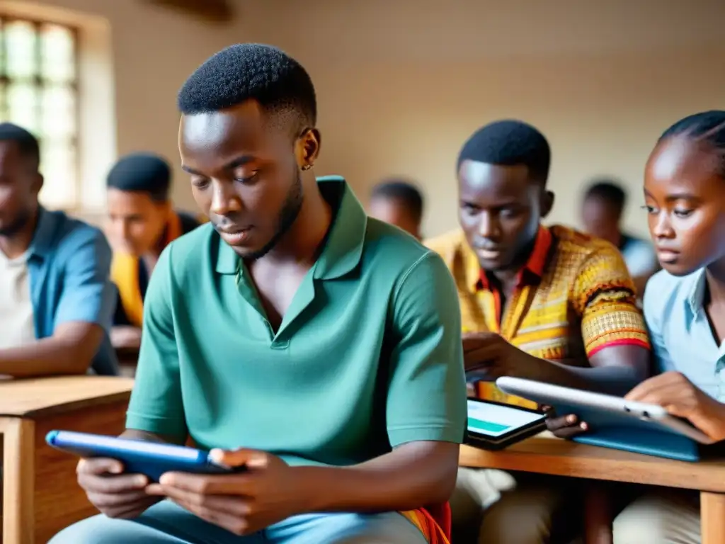 Jóvenes africanos usando tecnología en aula moderna, fusionando lenguas nativas y era digital