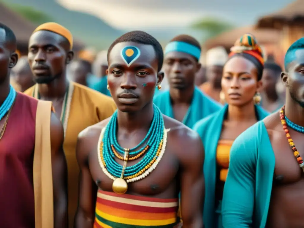 Ritual de iniciación africano: colores vibrantes y música tradicional Jóvenes africanos en vibrante ritual de paso con música y orgullo en sus rostros