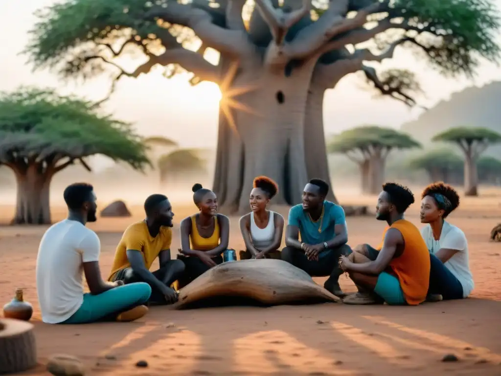 Jóvenes artistas africanos crean arte bajo un baobab, mostrando creatividad en tiempos de crisis